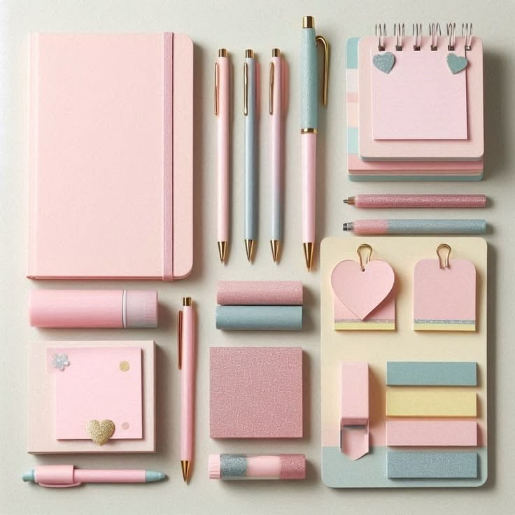 Pink and blue stationery set with journal, pens and sticky notes