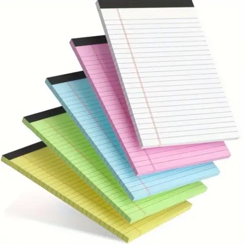 Coloured legal-rule notepads stacked in a fan