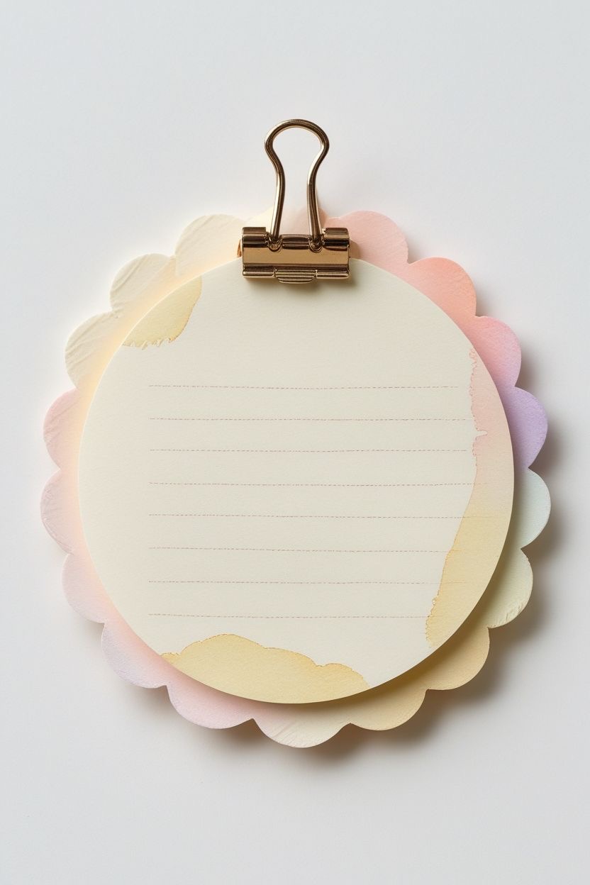 Scalloped round memo pad with gold binder clip