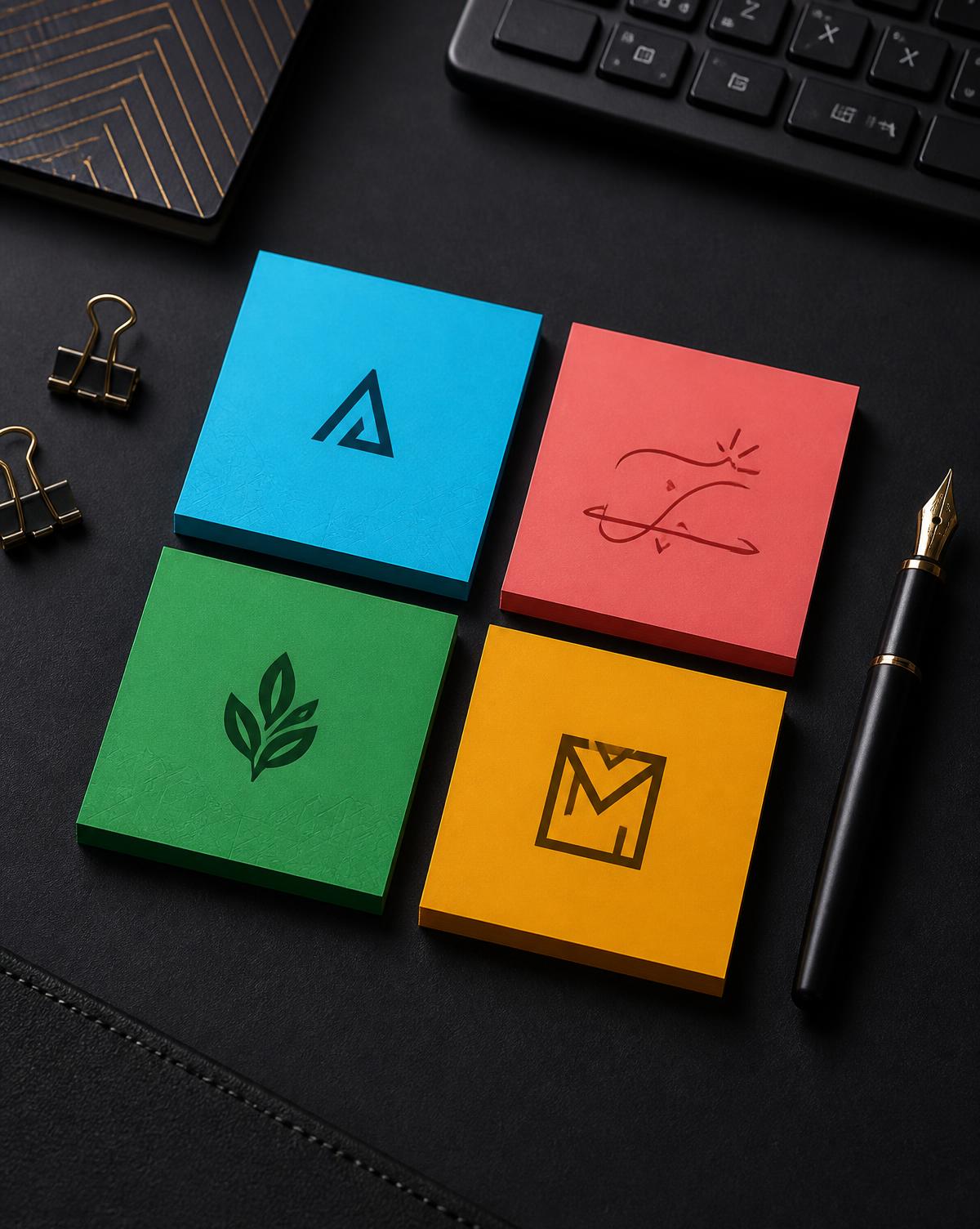 Four colourful custom sticky-note pads on a designer's desk